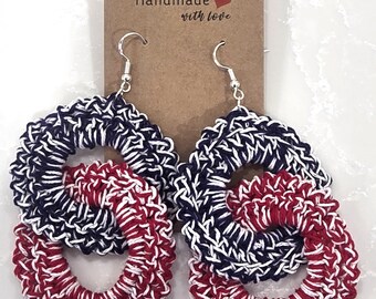 Crochet Double Ring Earrings (Red/White/Blue)