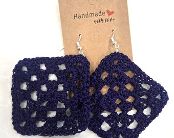 Granny Square Crochet Earrings (Navy)