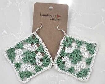 Granny Square Crochet Earrings (Leaf Green and White)