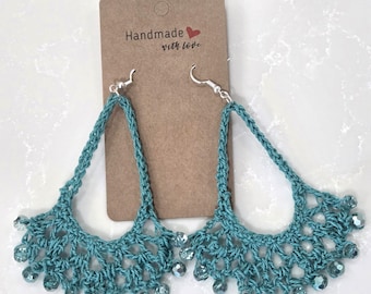Fan Shaped Crochet Earrings with Beads (Jade)