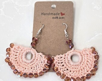 Fan Shaped Crochet Earrings with Beads (Peach)