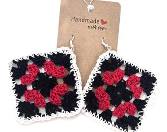 Granny Square Crochet Earrings (Red/White/Black)