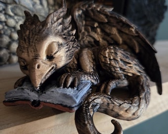 Hand-Painted Reading Griffin Figurine • Guardians of the Bookshelf • Fantasy Shelf Sitter • Book Nook Decor • Book Lover Gift