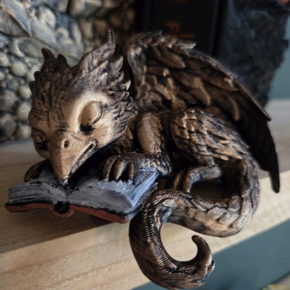 Hand-Painted Reading Griffin Figurine • Guardians of the Bookshelf • Fantasy Shelf Sitter • Book Nook Decor • Book Lover Gift
