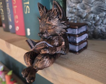 Hand-Painted Reading Wolf Figurine • Guardians of the Bookshelf • Book Nook Decor • Fantasy Shelf Sitter • Book Lover Gift • Wolf Statue