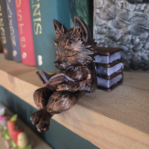 Hand-Painted Reading Wolf Figurine • Guardians of the Bookshelf • Book Nook Decor • Fantasy Shelf Sitter • Book Lover Gift • Wolf Statue
