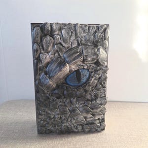 Puede incluir: Una caja decorativa rectangular gris con un exterior texturizado similar a la piedra. El diseño presenta un ojo azul grande con un patrón detallado de escamas de reptil. La caja tiene un marco oscuro.