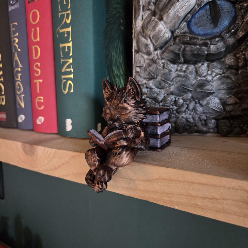 May include: A bronze-colored fox figurine reading a book, perched on a wooden shelf. The fox is detailed with fur and facial features. Behind it are colorful book spines, including green, red, and black. A small stack of books is next to the fox.