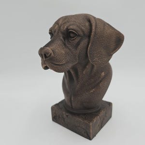 Könnte beinhalten: Eine bronzefarbene Hundebüste. Die Skulptur zeigt den Kopf und den Oberkörper eines Hundes, montiert auf einem quadratischen Sockel. Der Hund hat detaillierte Merkmale, darunter ein strukturiertes Fell und einen aufmerksamen Ausdruck. Es ist ein dekorativer Artikel.