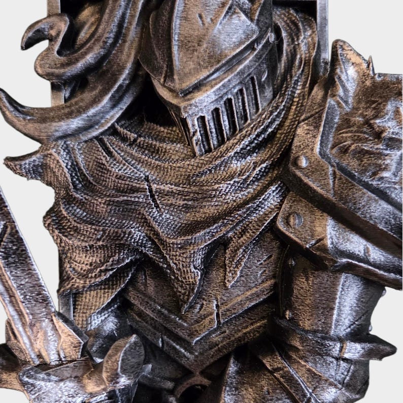May include: A detailed, close-up view of a knight's armor, rendered in shades of silver and gray. The image highlights the intricate textures of the helmet, chainmail, and shoulder guard, suggesting a medieval or fantasy theme. The armor appears to be a decorative piece.
