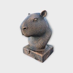 May include: A bronze-effect capybara bust sculpture. The sculpture shows the capybara's head and neck, mounted on a square base. The sculpture has a textured surface and is set against a plain background. The sculpture is a decorative item.