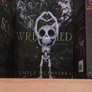 May include: A grey skeleton ornament, forming a heart shape above its head. It stands in front of a book titled "WRECKED" by Emily McIntire. The background is dark with a galaxy-like pattern. The figurine is a unique decorative item.