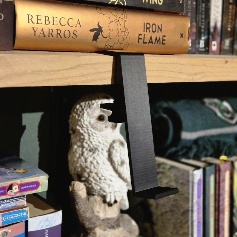 May include: A black metal bookend shaped like a bracket, holding up a book titled "Iron Flame" on a wooden bookshelf. A white owl figurine is in the foreground.