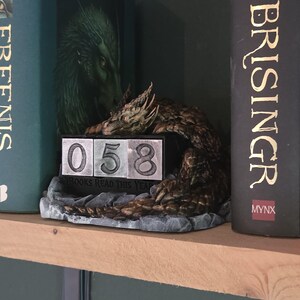 Op de afbeelding: Een decoratief drakenbeeldje rustend op een rechthoekige basis met drie draaibare blokken die het getal 058 weergeven. De basis is voorzien van de tekst BOOKS READ THIS YEAR in reliëf. De draak heeft getextureerde bruine schubben en hoorns.