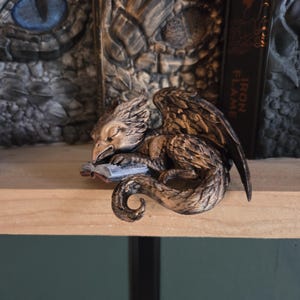 May include: A detailed sculpture of a sleeping griffin, resting on a small book. The griffin has brown and gold coloring with detailed feather and scale textures. The sculpture is placed on a wooden shelf, with a book titled "Iron Flame" visible in the background.