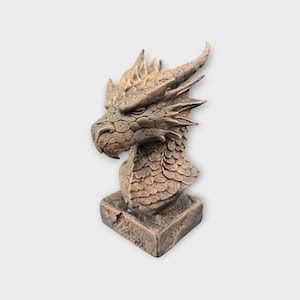 Op de afbeelding: Een bronzen drakenborstbeeld. De kop van de draak is gedetailleerd met schubben, hoorns en een getextureerde snuit. De sculptuur staat op een vierkante basis, met een verweerde uitstraling, ideaal voor fantasie decor.