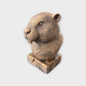 May include: A bronze-colored beaver bust sculpture. The sculpture features detailed fur texture, prominent incisors, and a square base. The beaver's head is tilted slightly, giving it a lifelike appearance. The sculpture is a decorative item.