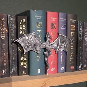 Op de afbeelding: Een zilveren draakvormige boekensteun staat tussen een rij boeken. De boeken hebben titels als "Scarred" en "Fourth Wing". De ruggen zijn in verschillende kleuren, waaronder rood, groen en blauw. De boekensteun is decoratief.