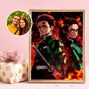Para dos: Retrato de pareja personalizado / Estilo de dibujos animados kawaii inspirado en Demon Slayer, retrato familiar, regalo para ella o para él, aniversario, anime