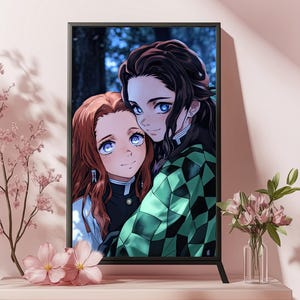 Custom Couple Portrait | Demon Slayer-Inspired Kawaii Cartoon Style, Family Portrait, Gift for Her or Him, Anniversary, Birthday, Anime