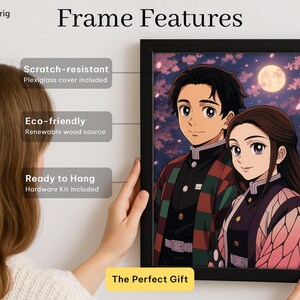 May include: Black framed art print featuring two anime characters with a night sky background. The frame features are scratch-resistant, eco-friendly, and ready to hang. The text on the image says "The Perfect Gift".