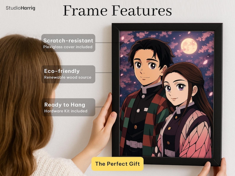 May include: Black framed art print featuring two anime characters with a night sky background. The frame features are scratch-resistant, eco-friendly, and ready to hang. The text on the image says "The Perfect Gift".