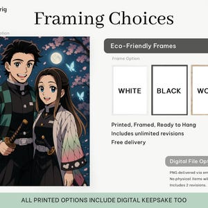 May include: An anime-style print featuring two characters in a nighttime setting with a full moon and butterflies. The image is available in white, black, or wood frames. Text on the image reads "Framing Choices" and "Printed, Framed, Ready to Hang."