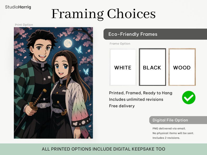 May include: An anime-style print featuring two characters in a nighttime setting with a full moon and butterflies. The image is available in white, black, or wood frames. Text on the image reads "Framing Choices" and "Printed, Framed, Ready to Hang."