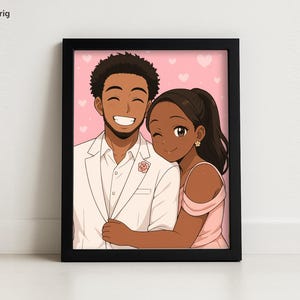 May include: A framed print featuring an illustration of a smiling couple. The man wears a white suit with a rose, and the woman is in a pink dress. The background is pink with heart shapes. The frame is black.