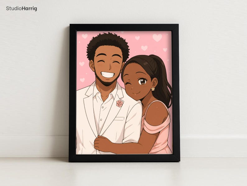 May include: A framed print featuring an illustration of a smiling couple. The man wears a white suit with a rose, and the woman is in a pink dress. The background is pink with heart shapes. The frame is black.