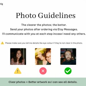 May include: A white graphic with the text "Photo Guidelines" and instructions for submitting photos. Includes examples of acceptable and unacceptable photos, with a green checkmark and red X. The text reads "Clear photos = Better artwork as I can see all details."