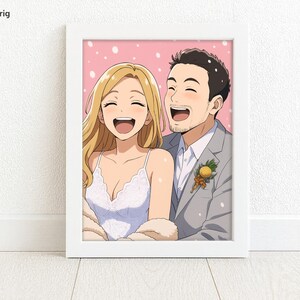 May include: A framed illustration of a smiling couple. The woman has long blonde hair and wears a white dress. The man wears a gray suit with a boutonniere. The background is pink with white dots.