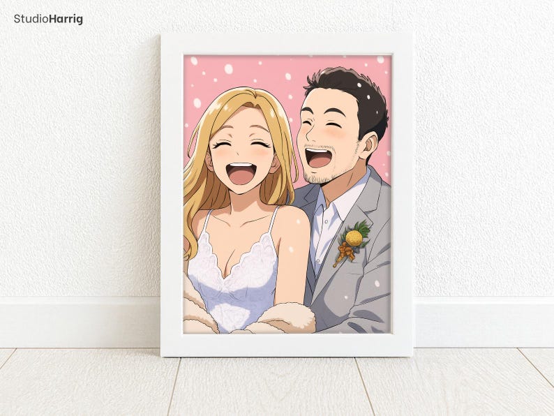 May include: A framed illustration of a smiling couple. The woman has long blonde hair and wears a white dress. The man wears a gray suit with a boutonniere. The background is pink with white dots.