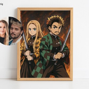 May include: A framed anime-style print featuring two characters with swords. The characters are dressed in patterned jackets and hold their swords. The background is a fiery orange and yellow. The frame is a light brown color.