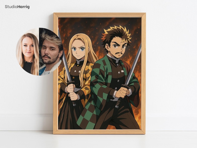 May include: A framed anime-style print featuring two characters with swords. The characters are dressed in patterned jackets and hold their swords. The background is a fiery orange and yellow. The frame is a light brown color.