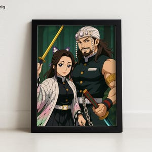May include: Framed art print featuring two anime-style characters. A woman with butterfly hair accessories and a man with a head wrap and beard are depicted. The woman holds a golden sword. The man wears a black vest and holds a sword. The background is a green forest.