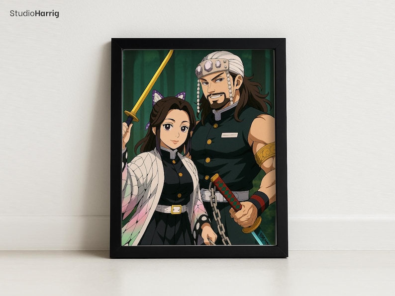 May include: Framed art print featuring two anime-style characters. A woman with butterfly hair accessories and a man with a head wrap and beard are depicted. The woman holds a golden sword. The man wears a black vest and holds a sword. The background is a green forest.