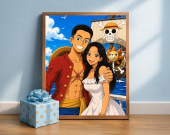 Custom Pirate Anime Portrait, Personalized Couple Portrait, Anime Inspired Wall Art, Custom Digital or Framed Gift