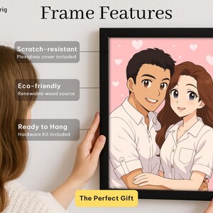 May include: Black framed art print featuring an anime-style couple on a pink background with hearts. The frame features include scratch-resistant plexiglass, eco-friendly renewable wood, and a ready-to-hang hardware kit. The text reads "The Perfect Gift."