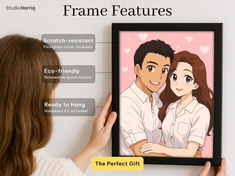 May include: Black framed art print featuring an anime-style couple on a pink background with hearts. The frame features include scratch-resistant plexiglass, eco-friendly renewable wood, and a ready-to-hang hardware kit. The text reads "The Perfect Gift."