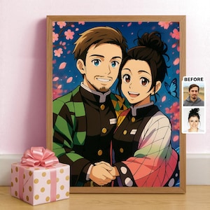 May include: A framed anime-style portrait of a couple, holding hands, with a blue floral background. The man wears a green and black patterned jacket, and the woman has a colorful kimono. A gift box with a pink bow sits in front of the frame.