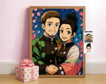 Custom Anime Couple Portrait: Kawaii Demon Anime Gift For Him or Her