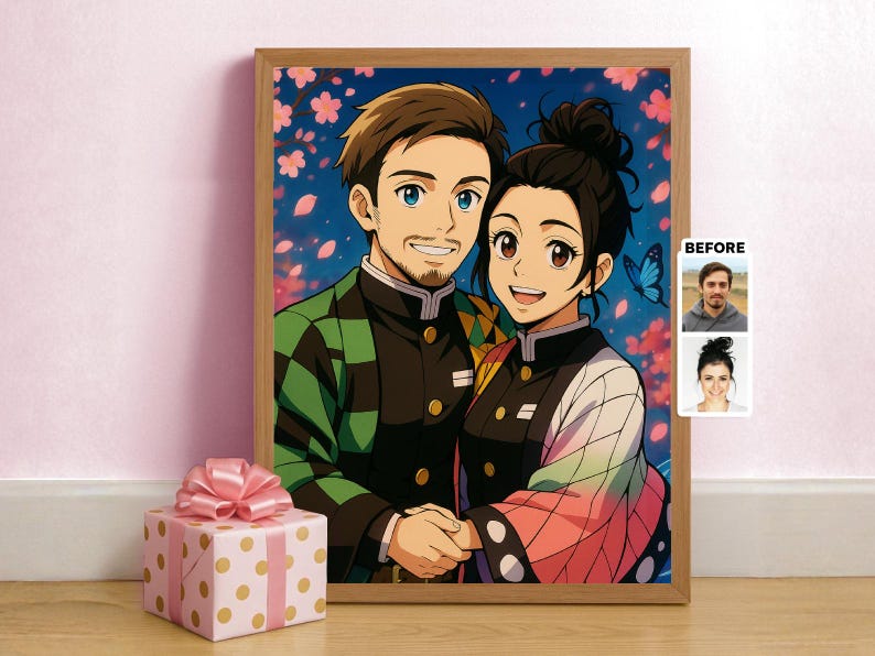 May include: A framed anime-style portrait of a couple, holding hands, with a blue floral background. The man wears a green and black patterned jacket, and the woman has a colorful kimono. A gift box with a pink bow sits in front of the frame.
