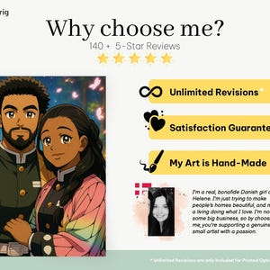 May include: An illustration featuring a couple in anime style, with the text "Why choose me?" and "140+ 5-Star Reviews." Additional text highlights "Unlimited Revisions," "Satisfaction Guarantee," and "My Art is Hand-Made."