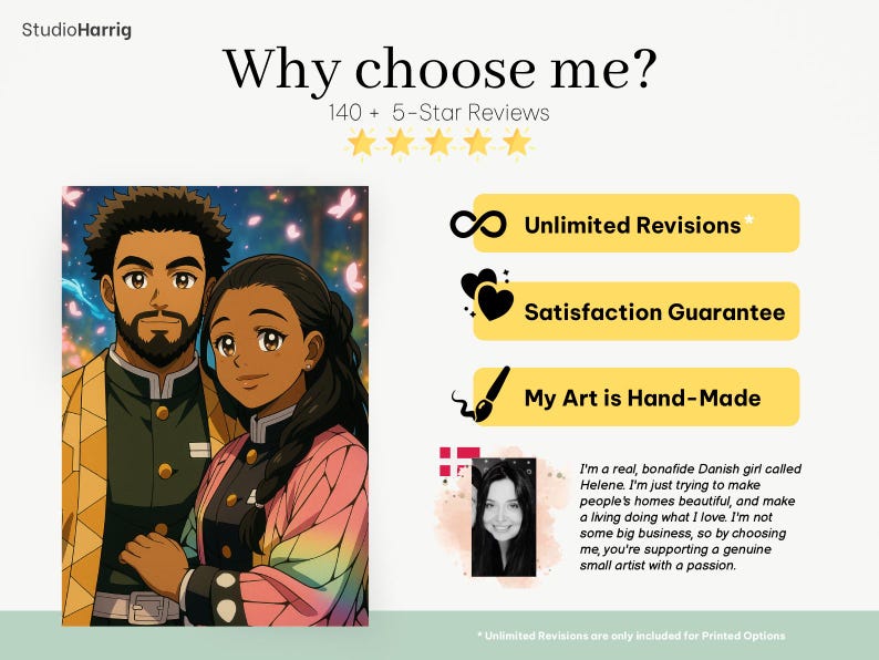 May include: An illustration featuring a couple in anime style, with the text "Why choose me?" and "140+ 5-Star Reviews." Additional text highlights "Unlimited Revisions," "Satisfaction Guarantee," and "My Art is Hand-Made."