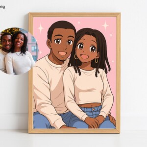 May include: A framed illustration of a couple in an anime style. The artwork features a man and woman with dark skin, wearing white long-sleeved shirts and blue jeans. The background is pink with star accents. A smaller photo of the couple is in the upper left corner.