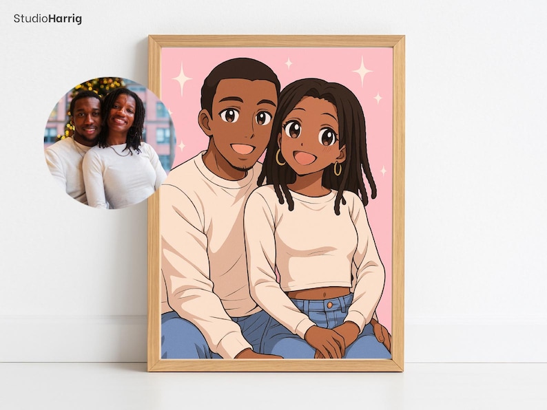 May include: A framed illustration of a couple in an anime style. The artwork features a man and woman with dark skin, wearing white long-sleeved shirts and blue jeans. The background is pink with star accents. A smaller photo of the couple is in the upper left corner.