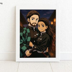 May include: A framed print featuring a couple in anime style, set against a nighttime cityscape. The man wears a green and black checkered haori, while the woman is in a black uniform. Both hold swords, with a warm, inviting glow.