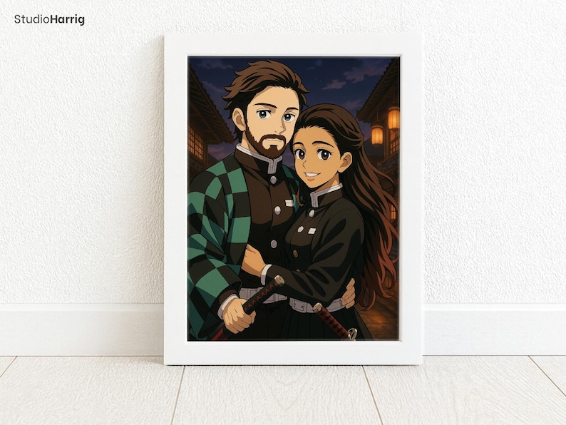 May include: A framed print featuring a couple in anime style, set against a nighttime cityscape. The man wears a green and black checkered haori, while the woman is in a black uniform. Both hold swords, with a warm, inviting glow.