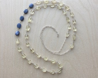 Lemon Quartz Beaded Chain Necklace - Long Layering Necklace - Kyanite Beads